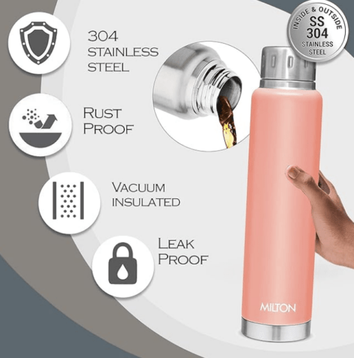 Milton Elfin 300 Thermosteel 24 Hours Hot and Cold Water Bottle, 300 ml, Peach | Leak Proof | Easy to Carry | Office Bottle | Hiking | Trekking | Travel Bottle | Gym | Home | Kitchen Bottle - Image 2